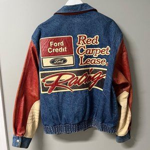 Vintage Ford Racing Red Carpet Lease Leather Denim Bomber Jacket Size XL